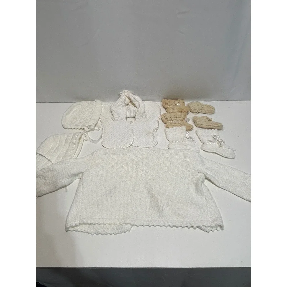 VTG Handmade Knit Baby Set NB White Vintage Style Cardigan Bonnet Booties Bib